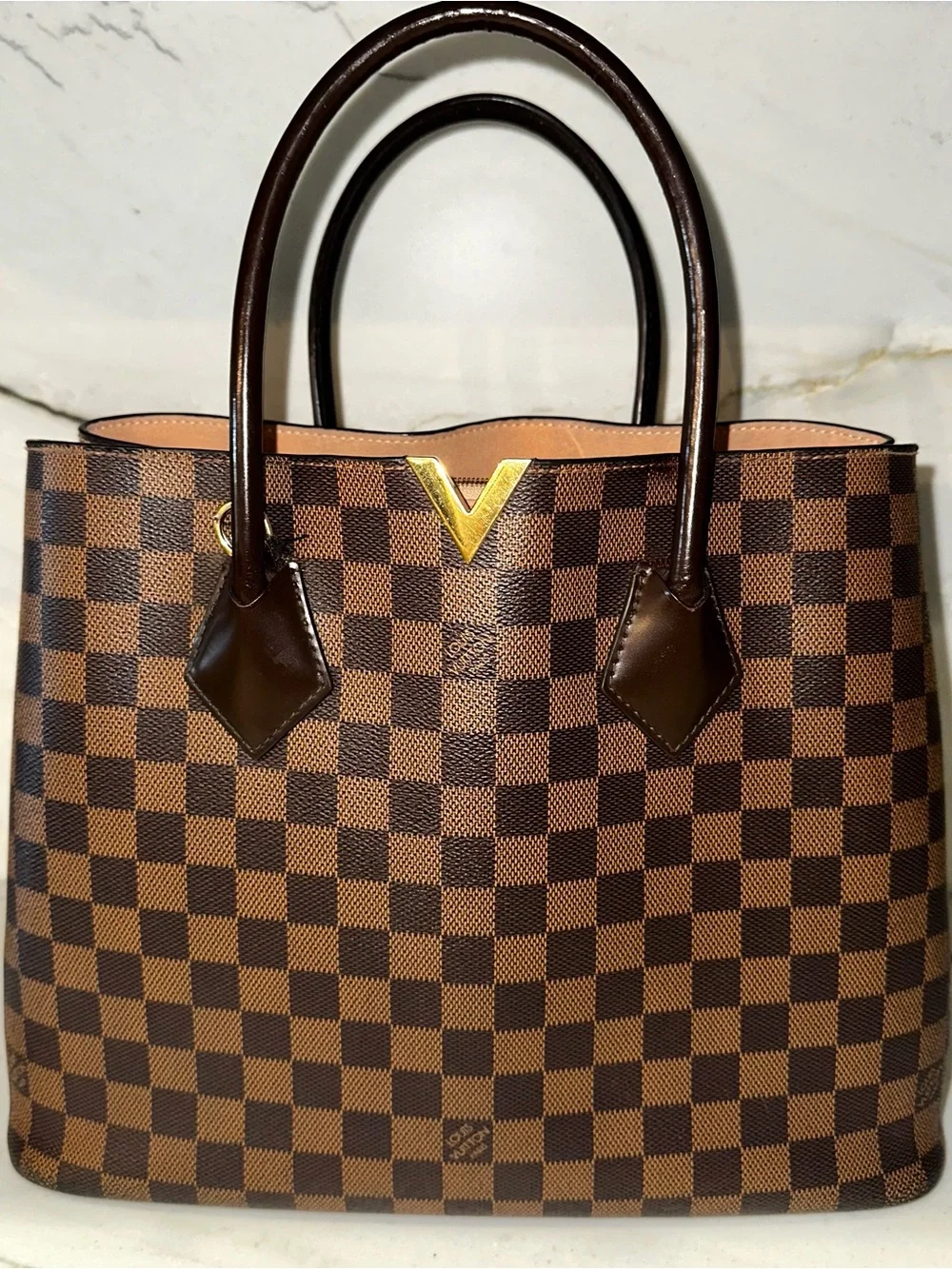 Louis Vuitton Brown Damier Ebene Kensington Canvas Tote with Gold V Detail